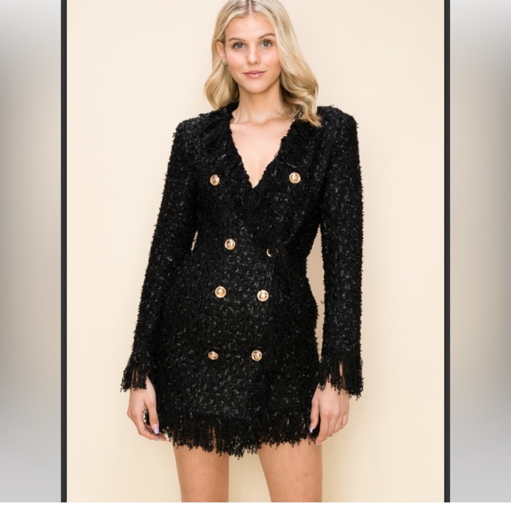 Double Button Tweed Blazer With Fringe Hem